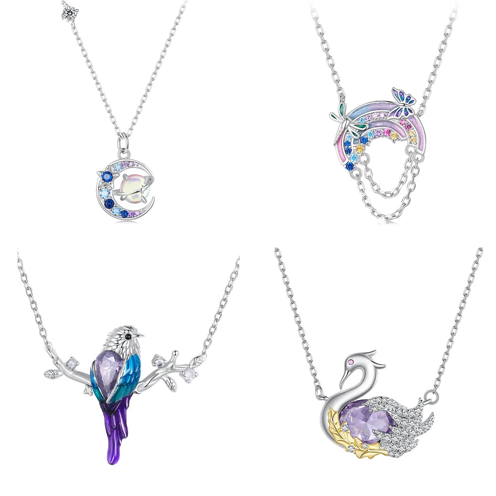 Jiang Yuan Fine S925 Jewlery New Design 925 Sterling Silver Swan Bird Pendant Necklace Colorful Zircon Adjustable Animal Chain