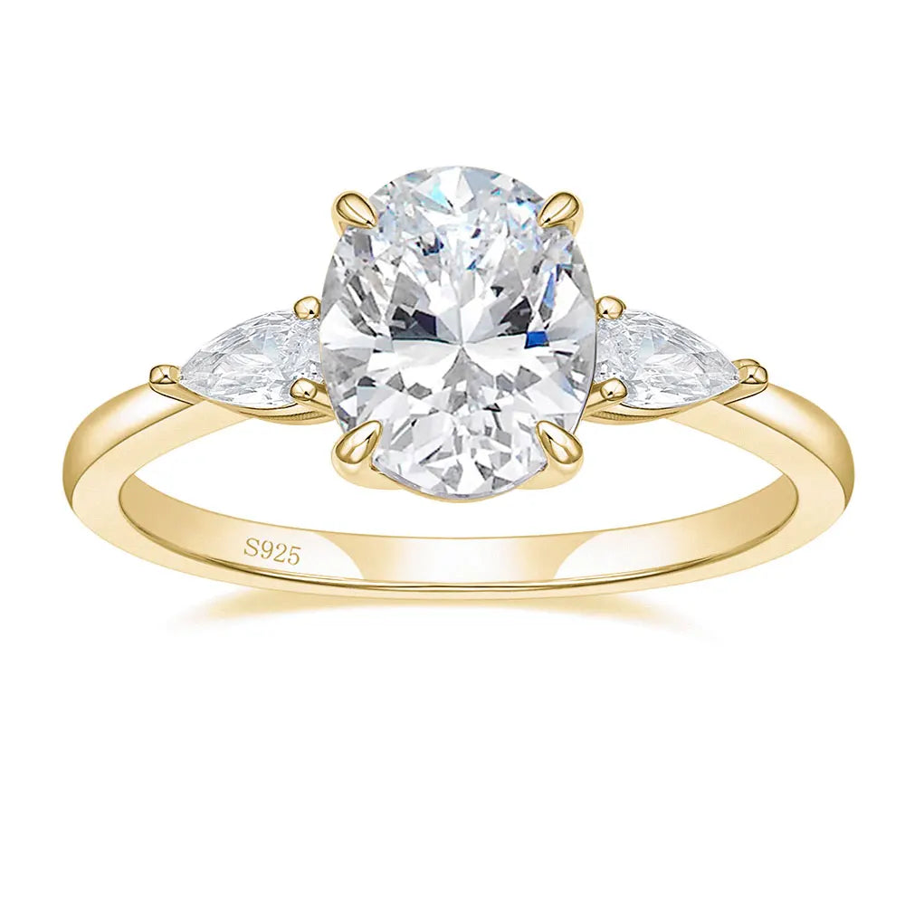 OAHLAN14k Gold Plated Luxury 925 Sterling Silver Ring 3CT Zircon 3-Stone Oval Cut Wedding Ring Promise Engagement Band for Women