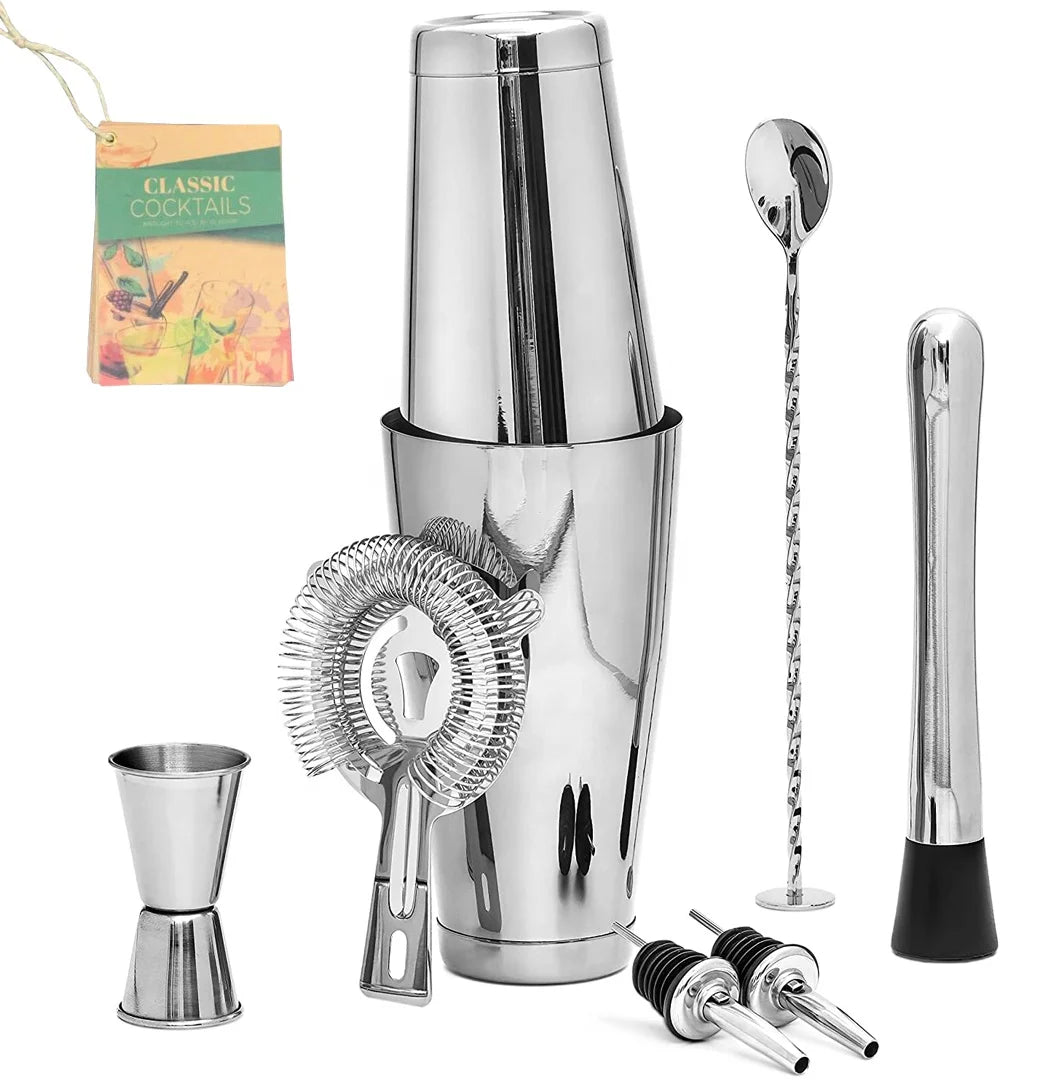Bar Accessories 10-Piece Stainless Steel Boston Shaker Set Jigger Spoon Muddler Strainer Pourers Velvet Bag Bar Accessories"