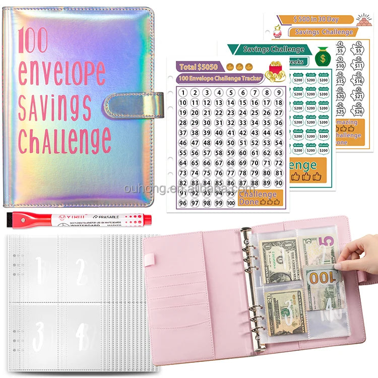 New Product Ideas Holographic Leather 100 Day Envelope Money Savings Challenge Binder With Erasable White Board Marker
