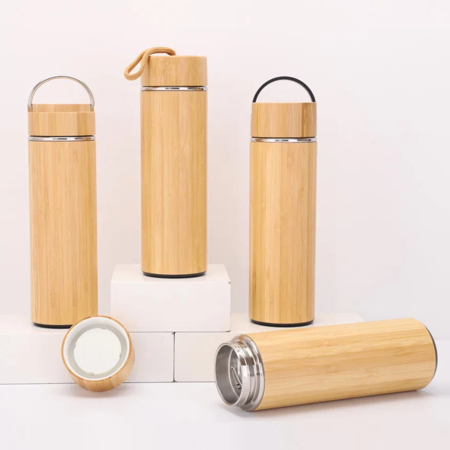 Customized 0.5L Stainless Steel 304 Tumbler Vacuum Flask Thermal Coffee Tea Mug Rope Bamboo Thermos Cup Water Bottle Durable
