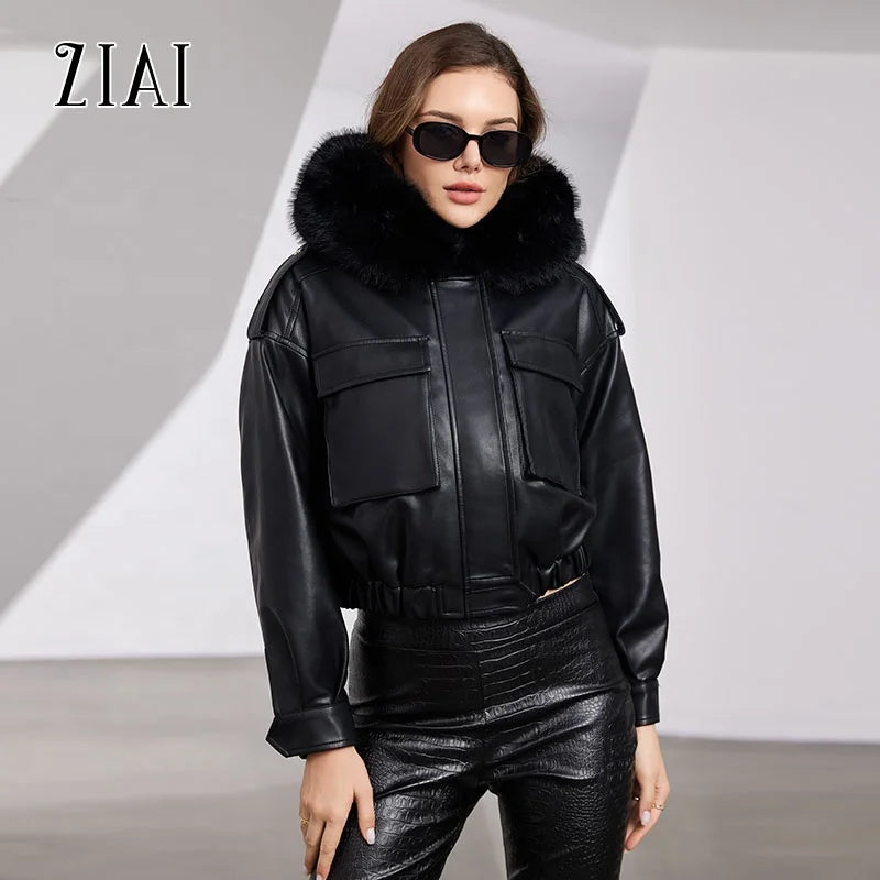 2025 New Fashion Detachable Hooded Fur Splicing Lining Winter Short Pu Leather Cotton-Padded Coat