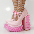 BUSY GIRL XYZ4777 Pink Lolita Lace Fringe Heel Large Size 47 Mary Jane Cosplay Y2K Bratz Shoes Block Heels Platform High Heels