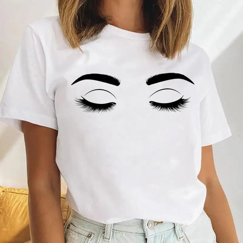 Wholesale Letter Print Funny T-shirt Cartoon Eyelash Lady Top Street Spicy Girl Cheap Plus Size Casual Graphic Tees T Shirts