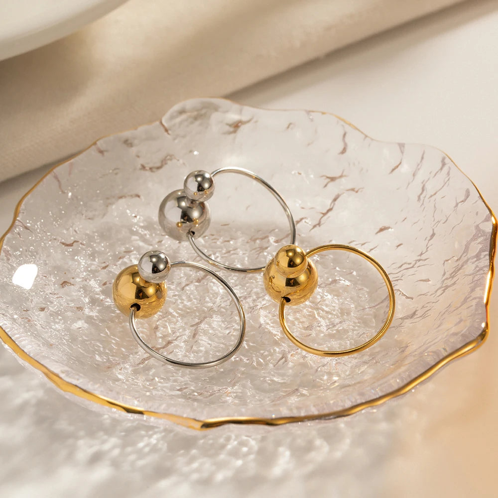 Minimalist 18K Gold Plated Statement Bead Ring Stainless Steel Silver Color Ball Cross Open Ring for Gift