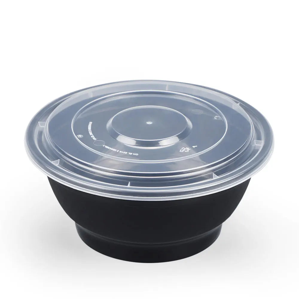 42oz Disposable round Plastic Noodle Bowl White & Black PP5 BPA-Free Heatable Food Container for Takeaway Packaging