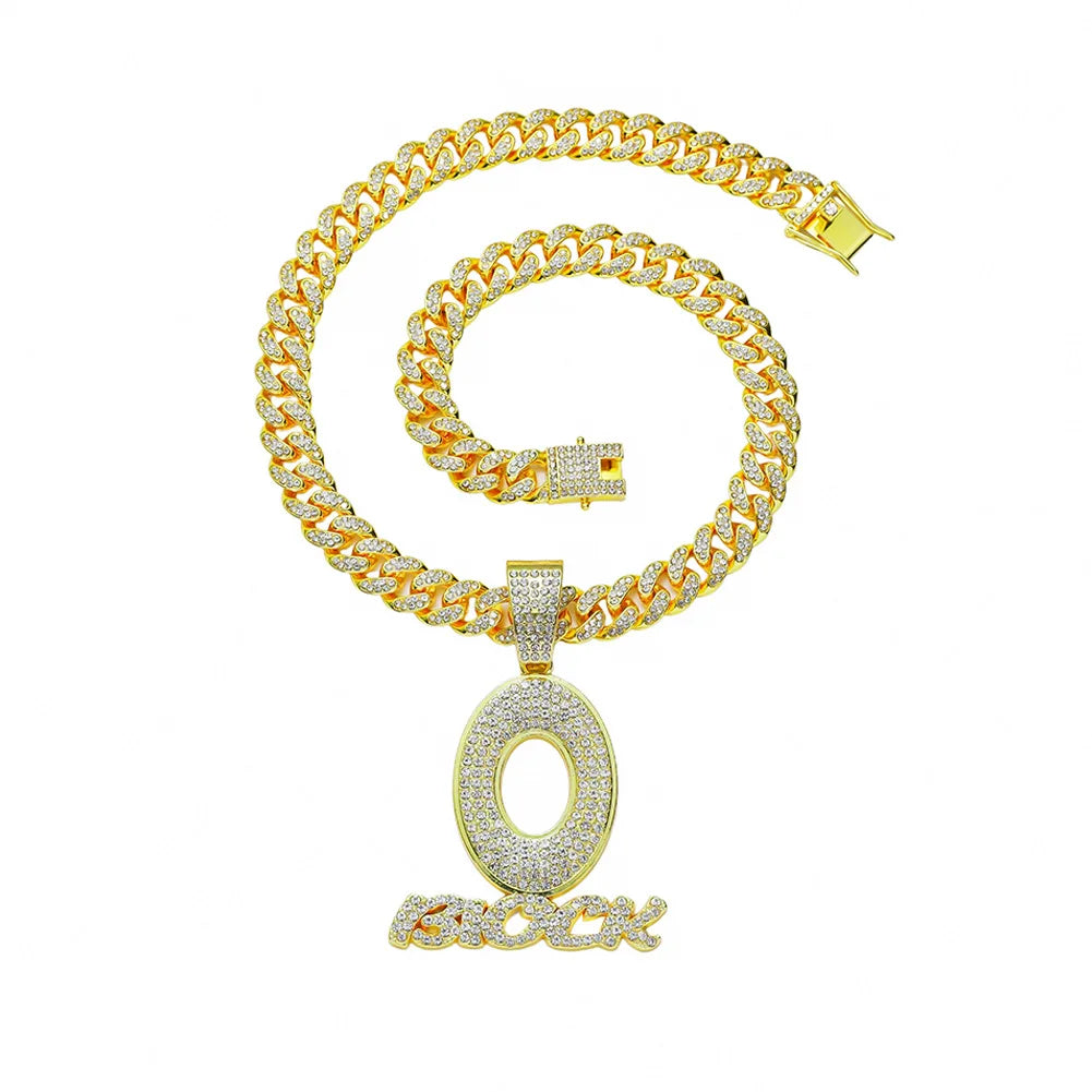 Hip Hop Full Drill O Letter Pendant Necklace Men's Trend Personality Street Wear Take up Cuban Chain Choker Necklace