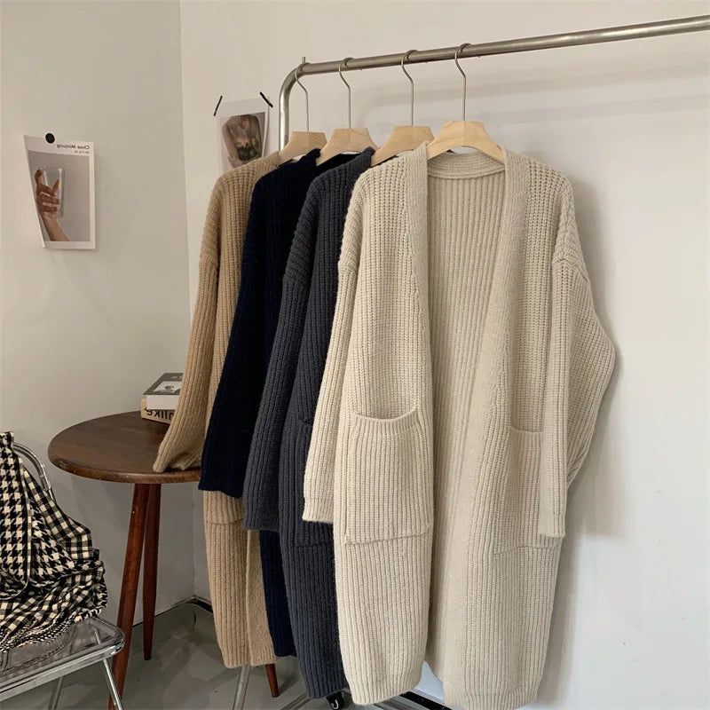 Customized Autumn Women's Thick Knitted Sweater Cardigan OEM Factory Long-sleeved Loose Large Size Casual Long Basic Sweater