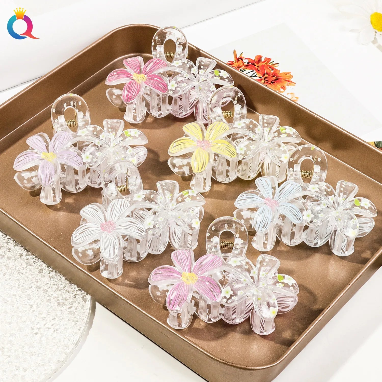 QIYUE New Five-Petal Flower Flower Hair Clips 8CM Printed Double Flower Grab Clips Women's Hair Accessories