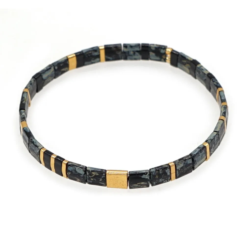 Go2BoHo Black & Gold 3 Stacking Bracelet Set Fashion Jewelry Pearl Solitaire Fabric Multi Miyuki Tila Beaded Bracelets for Women
