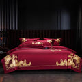 Luxury Satin 4pcs Home Textile Gold Embroidery Duvet Comforter Duvet Cover 500TC Long Staple Cotton Super Soft Red Bedding Set