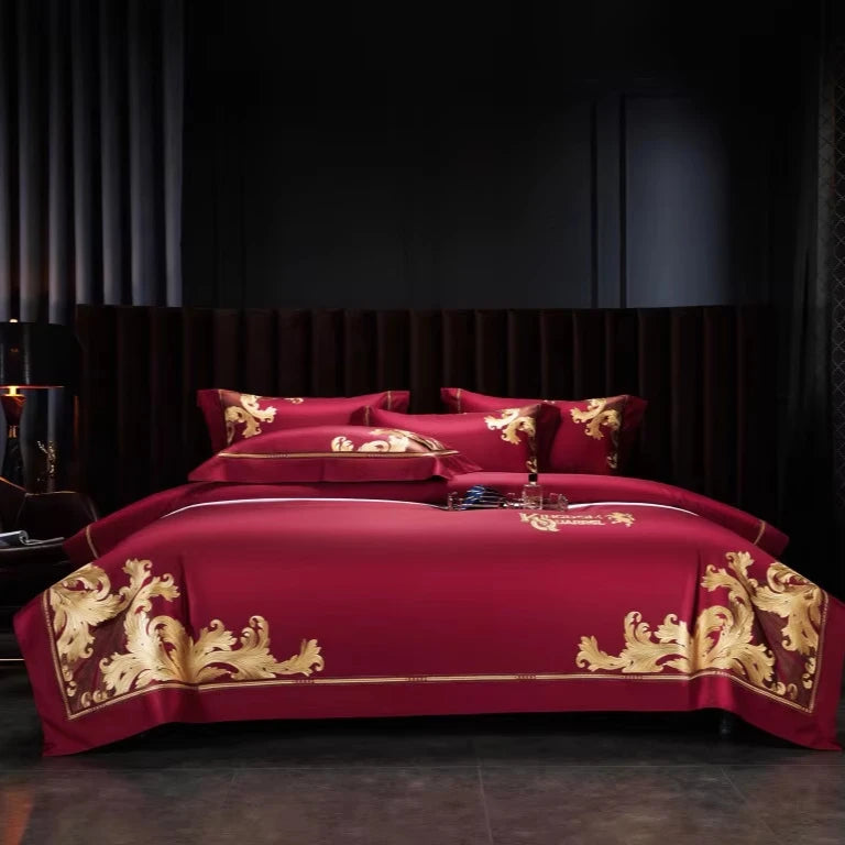 Luxury Satin 4pcs Home Textile Gold Embroidery Duvet Comforter Duvet Cover 500TC Long Staple Cotton Super Soft Red Bedding Set