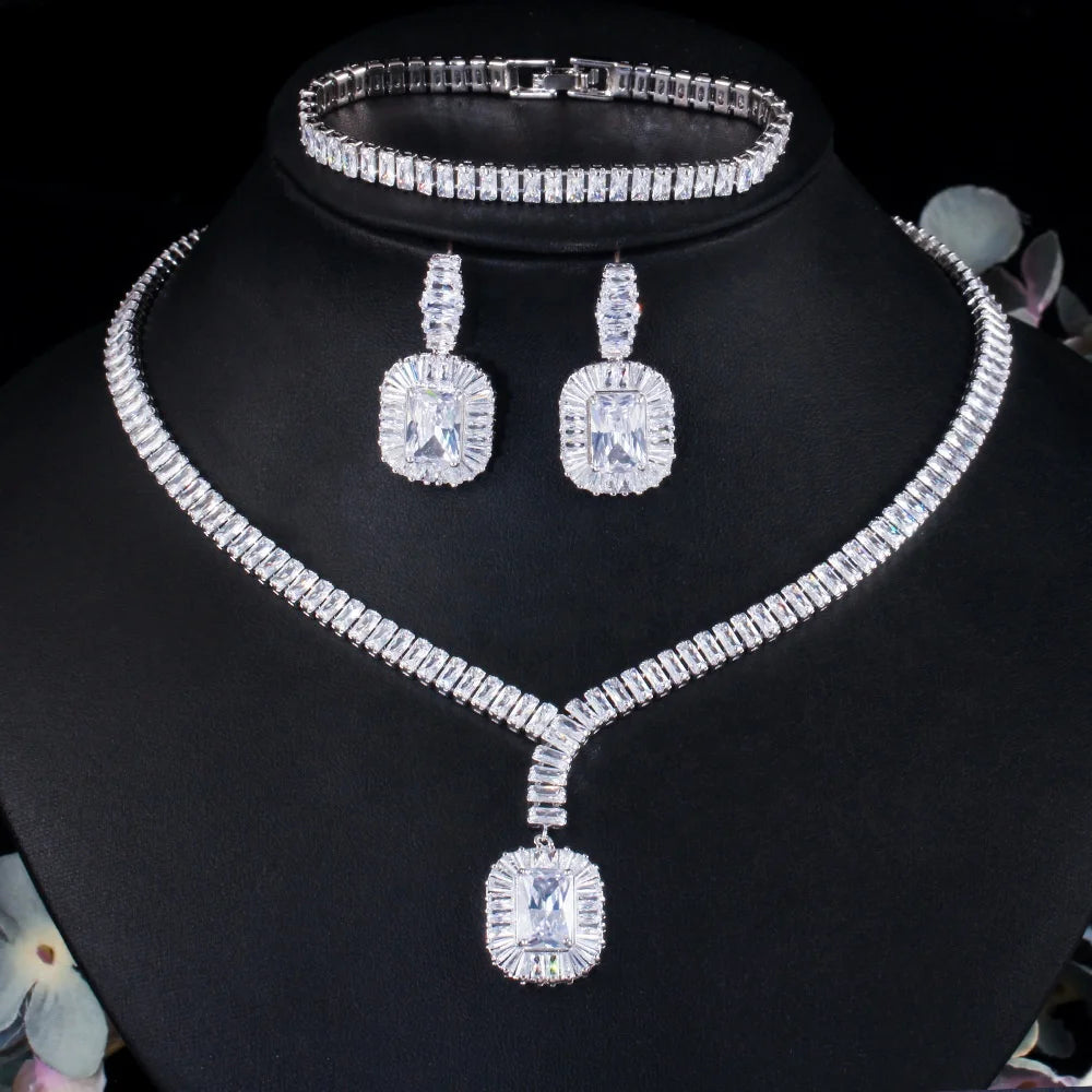 New Luxury Women Zirconia Jewelry Set square Necklace Dangle Drop Earrings Wedding Jewelry Sets