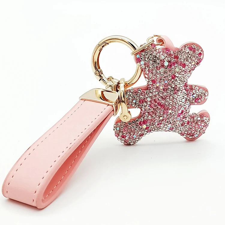 New Style Luxury Designer Rhinestone Teddy Bear Key Chain Key Ring Wristlet Fur Keychain