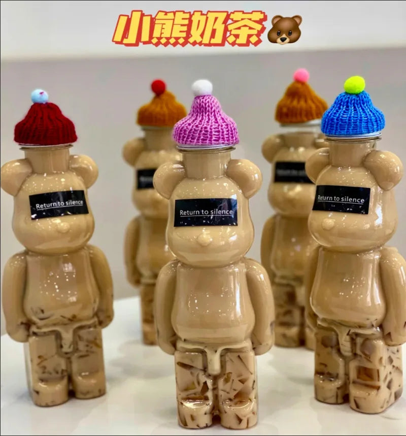 350ml 500ml PET Plastic Bearbrick Shaped Boba Milk Bubble Tea Bottles for Energy Drinks