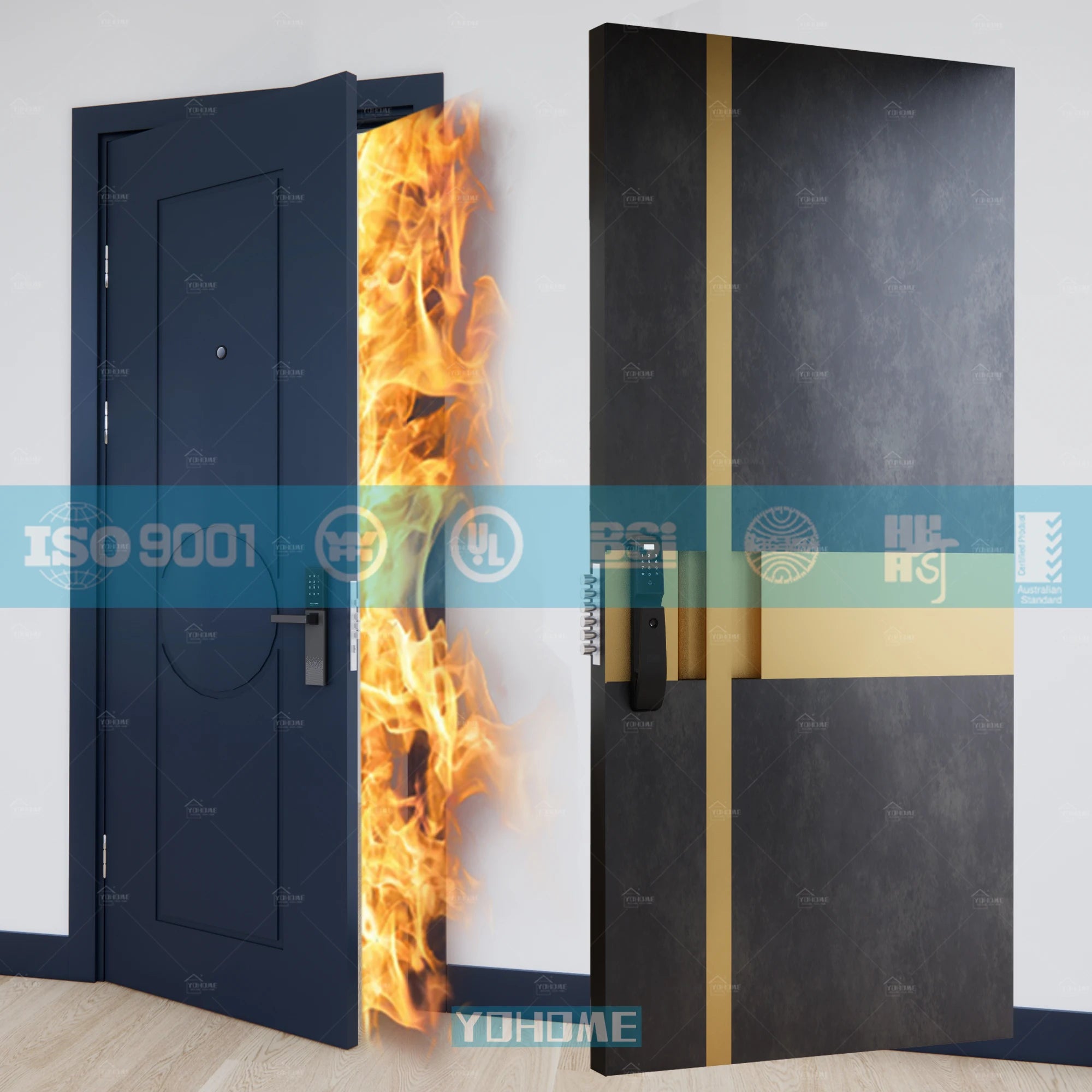 China Yohome Custom Villa Entrance Front Door Exterior Pivot Door Interior Wood Fireproof Business Apartment Hotel Fire Door