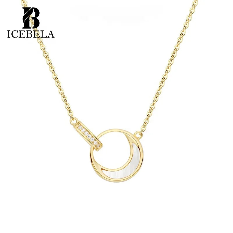 High-end S925 Sterling Silver White Mother-of-pearl Crescent-shaped and Interlocking Zirconia Pendant Necklace for Women