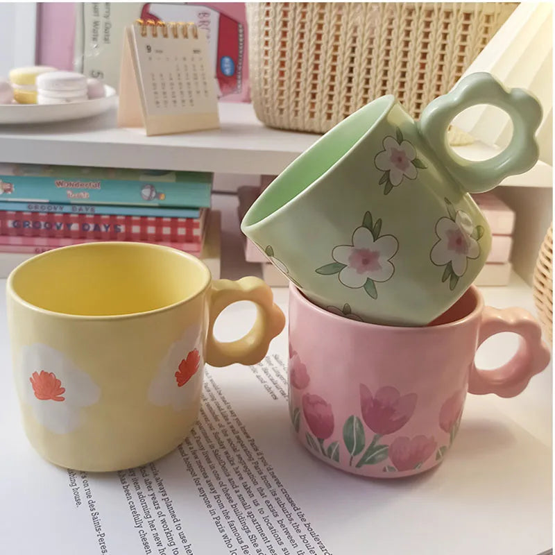 Ins Korea Tulip Flower Ceramic Water Mug with Flower Handle Creative Couple Breakfast Mug