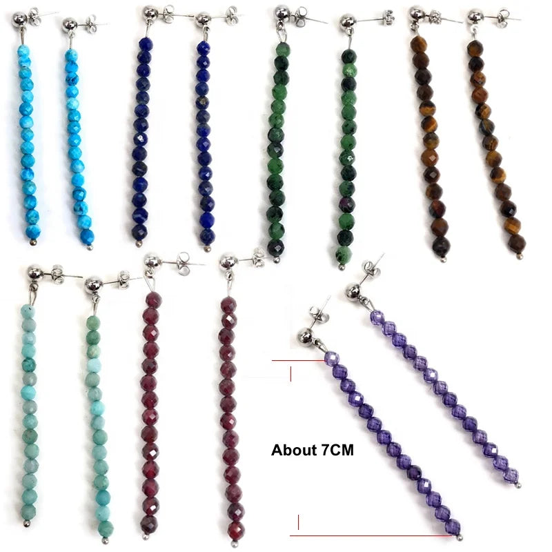 Natural Cut 4mm Beads Crystal Tourmaline Tassel Earrings for Women Long Dangle Earring Line Accessories Trendy Ear Jewelry