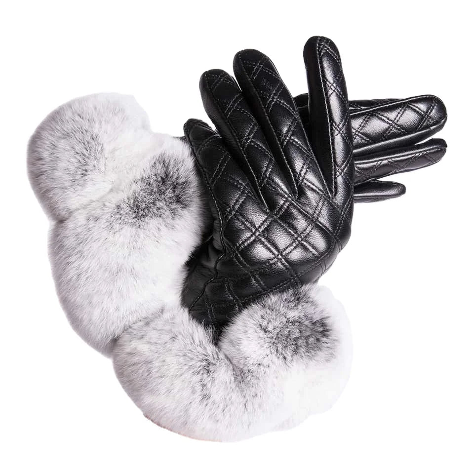 MWFur Fashion Rex Rabbit Fur Gloves Touchscreen Mittens  Sheepskin Leather Gloves for Women