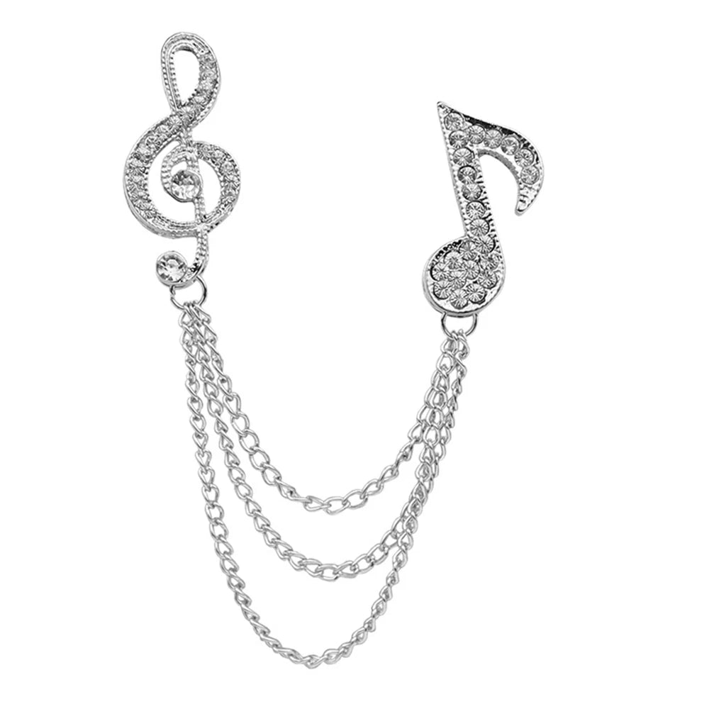 Men's Music Note Brooch with Double Chain Lapel Pins Rhinestone and Metal Tassel for Wedding Suits Music Jewelry Gift