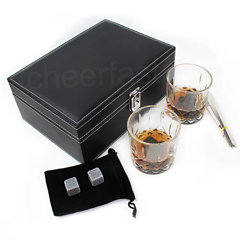 Premium Whisky 8 Granite Chilling Ice Cube Rocks Stone Glass and Ice Tong Set Marble Whiskey Stones