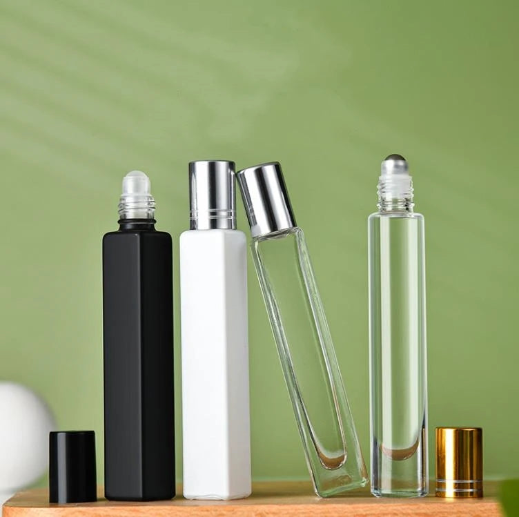 Empty Square 10ml Glass Roll on Bottles Essential Oil Perfume Bottle with Matte Black/White Color Stainless Steel Roller Ball