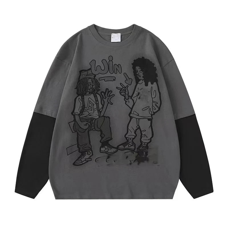 Custom logo Streetwear Mens Graphic Vintage Double Layer Long Sleeve t Shirt for Men