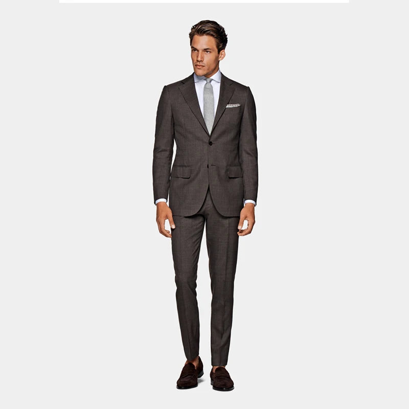 Medium Brown Tropical Wool Business Gentleman Single-breasted Men's Slim Suit