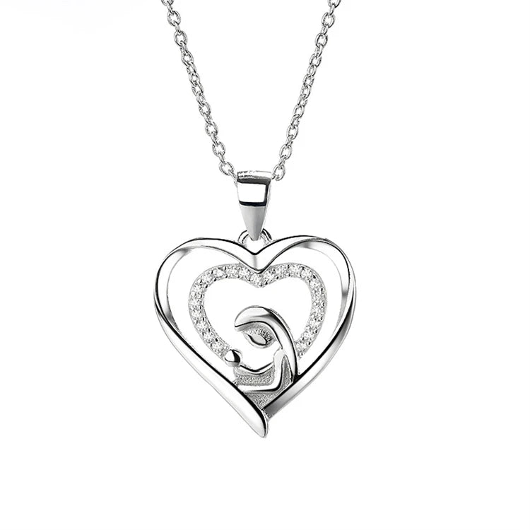 Hot Sale 925 Sterling Silver Pendant Necklace Mom and Son Heart Shape with Zircons Silver Plated Mother's Day Gift