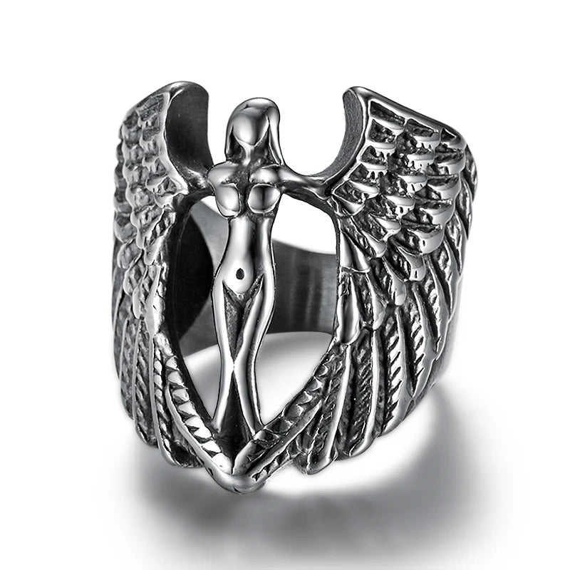 Retro Stainless Steel Guarding Angel Ring MC Biker Signet Rings for Men Women