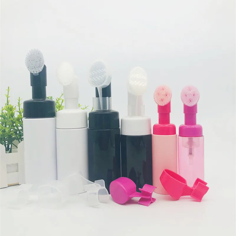 Cosmetic Facial Cleanser 50ml 60ml 100ml 150ml Clear White Blue Pink Black Foam Pump Lash Shampoo Bottle With Eva Silicone Brush