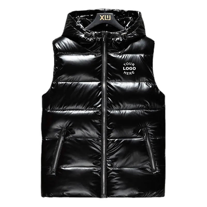 High Quality Hot Selling Winter Warm Sleeveless Gilet Bubble Jackets Custom Shiny PU Leather Hoodie Puffer Vest for Men
