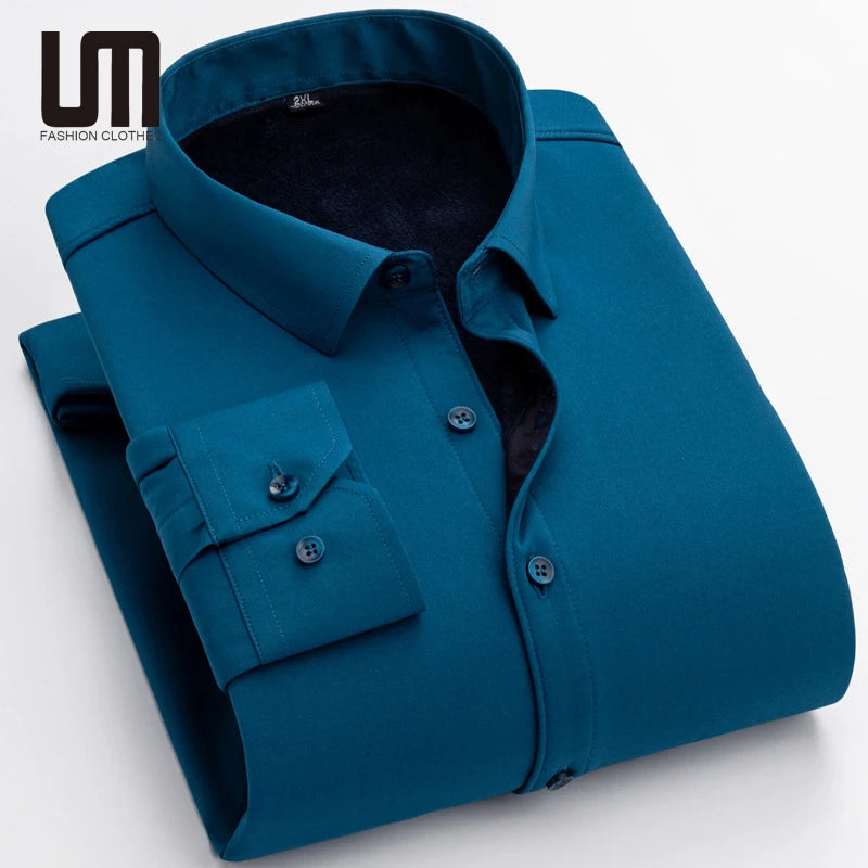 Liu Ming Autumn Winter Men Casual Fleece Thick Warm Business Long Sleeve Formal Dress Solid Color Clothes Shirt