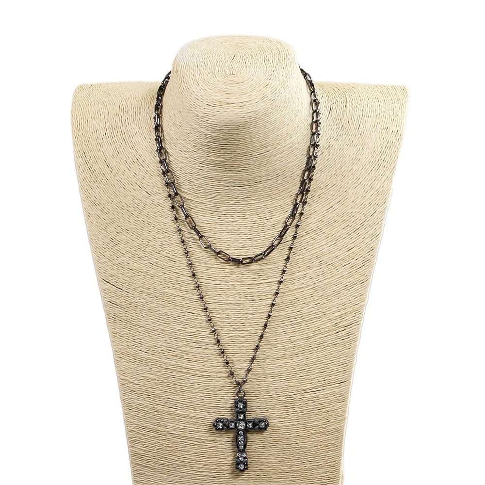 Punk Link Chain Jewelry 2 Layer Black Gun Plated Alloy Chain Necklace Black Crystal Alloy Cross Pendant Necklace