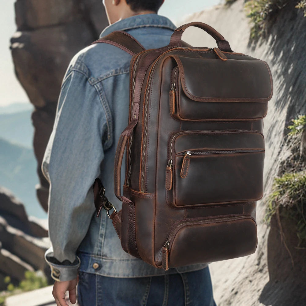 OEM ODM Custom Vintage Genuine Leather Men's Long Backpack Vintage Outdoor Travel Bag Crazy Horse Cowhide Laptop Backpack Bag