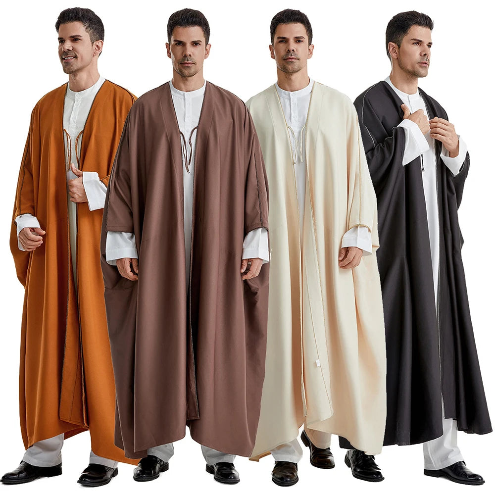 2024 New Arrival Men's Polyester Robe Solid Color Muslim Clothes Loose Kimono Abaya Thobes Plus Size for Arab Muslim Men