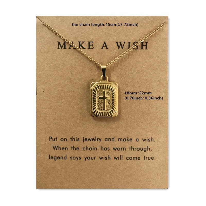 Collar De Cruz Make a Wish Gold Plated Cross Pendant Necklace Friend Gift Tarnish Free Stainless Steel Card Cross Necklace