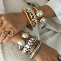 Luxury Fashion Pleated Cuff Pearl Bangle Bracelet Set Geometric Curved Alloy Chunky Bracelet for Women