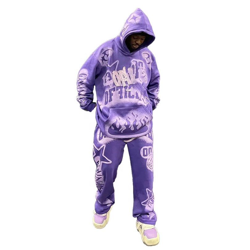 KY Patch Pocket DTG Print Hoodie Acid Washed Sweatsuit Distressed Applique Print Flared Tracksuit