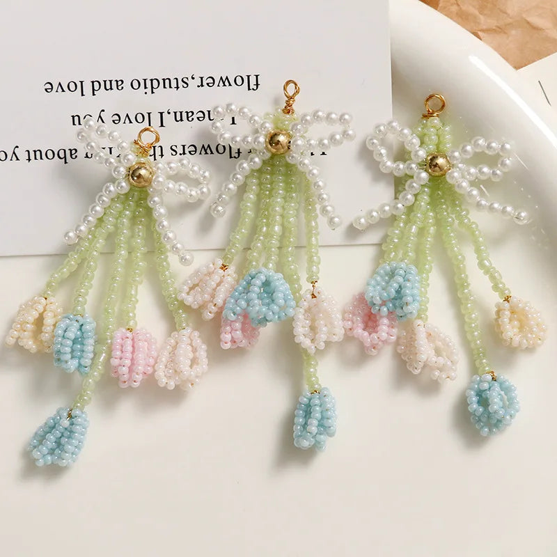 New Colorful Bow Small Daisy Flower Pendant Charm Handmade Seed Beaded Long Tassel Dangle for Earring Jewellery Making Materials