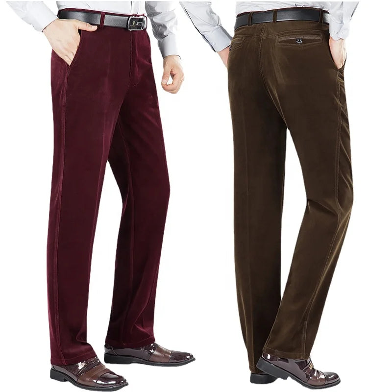 Mens Corduroy Pants Classic Official Business Slacks High Waisted Straight Leg Trousers Stretch Pants
