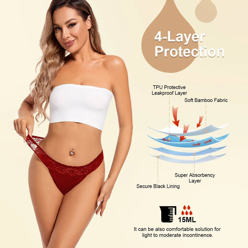 Shanhao Low-Rise Leakproof Lace Solid Pattern Eco-Friendly Thong Underwear for Women Menstrual for Light Flow