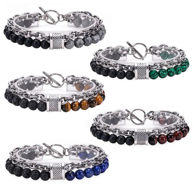 Lava Stone Tiger Eye Polish Black Agate Stainless Steel Chain Men Bracelet ST059