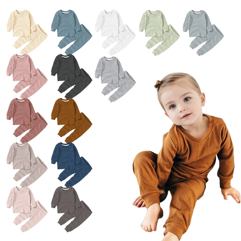 Long Sleeve Knitted Baby Pajamas Sets Organic Cotton Unisex Baby Clothing Two Pieces Outfits Plain Color Boys and Girls