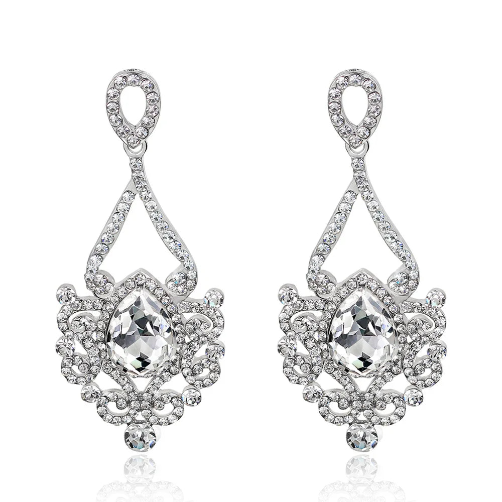 Wedding Bride Silver Rhinestone Statement New European and American Style Vintage Earrings and Earrings