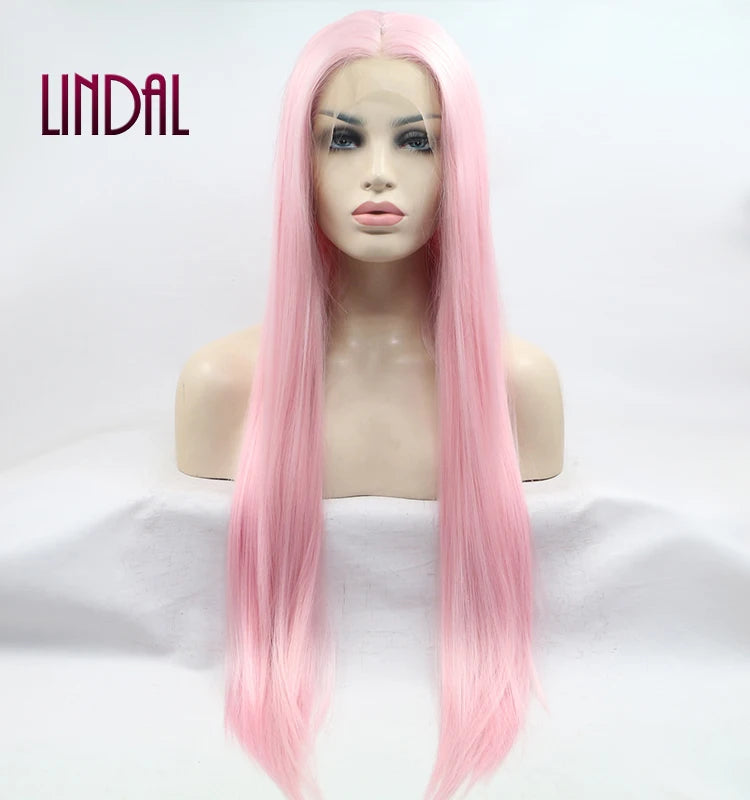 LINDAL Straight Light Pink Lace Front Wig Pre Plucked Glueless Synthetic Long Straight Wear and Go Lace Front Wig Cosplay Daily