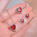 Shining Popular Wedding Gift Red Crystal Heart Jewelry Set Silver Plated Ruby Heart Pendant Necklace Rings Earrings Set
