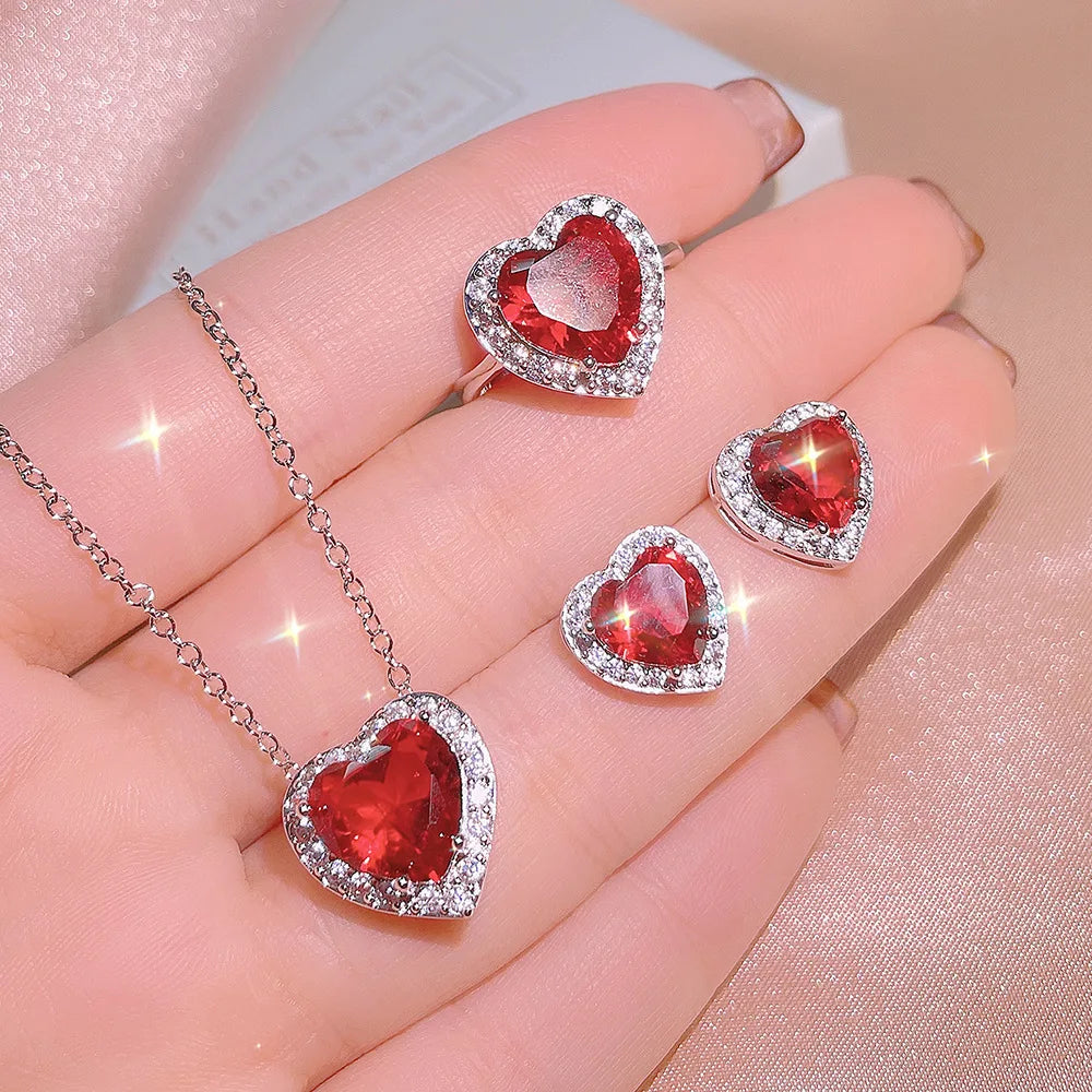 Shining Popular Wedding Gift Red Crystal Heart Jewelry Set Silver Plated Ruby Heart Pendant Necklace Rings Earrings Set
