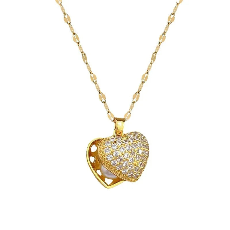 Luxury Heart Diamond Copper Link Chain Pendant Necklace for Women Romantic